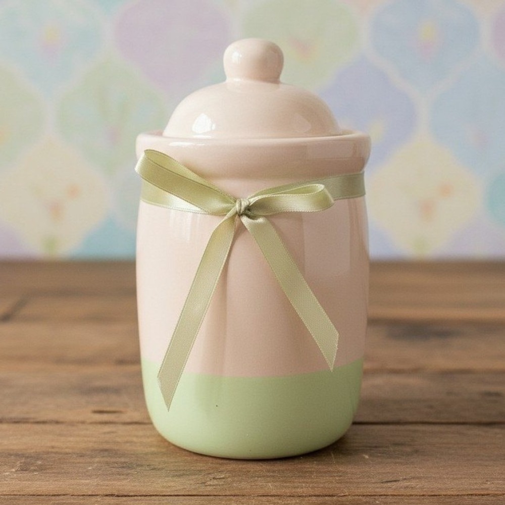 Cream Lidded Candle Crock With Green Stripe, Vintage Ceramic Canister, Storage